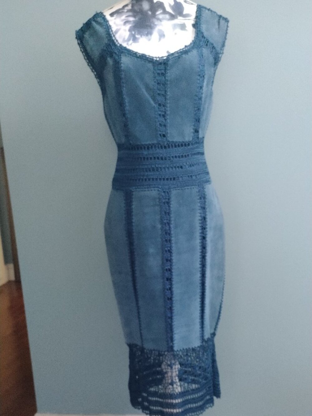 Danier Blue Suede Crochet Trim Dress, size 6